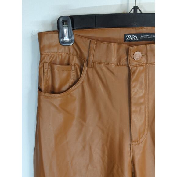 Zara Dark Camel‎ Mom Fit Pants Women's Medium Brown Faux Leather High Waist - Picture 6 of 13